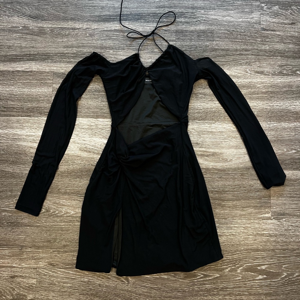 White Fox Boutique Black Mini Dress with Off the Shoulder Sleeves and Halter Top